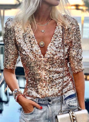 Women's T-shirts Solid Sequin Half Sleeve V Neck Party Elegant Daily T-shirt