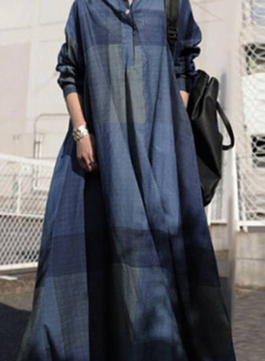 Women's Maxi Dresses Plaid Long Sleeve A-line Turn Down Collar Casual Dress