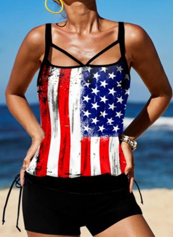 Women's Tankinis American Flag Drawstring Vacation Tankini