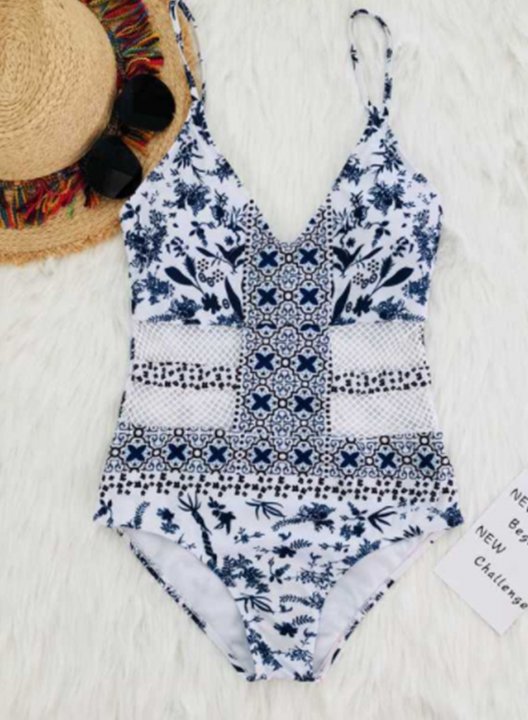 Women's One Piece Swimwear Tribal V Neck Boho Summer Casual One-Piece Swimsuits One-Piece Bathing Suits