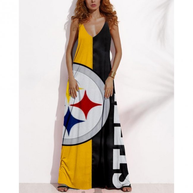 Women's Summer PITTSBURGH STEELERS Fan Print V-neck Sleeveless Loose Long A-line Dress