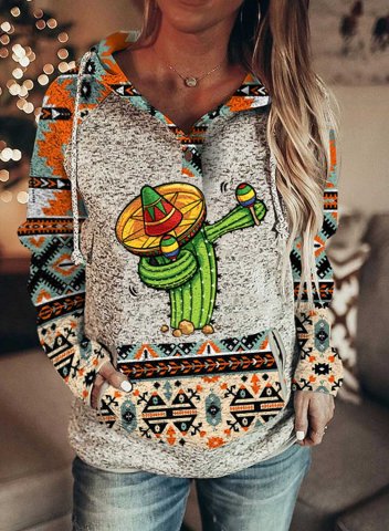 Women's Ethnic Style Geometric Aztec Print Hoodies Drawstring Long Sleeve Color Block Hoodies With Pockets