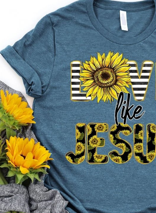 Women's T-shirts Sunflower Letter Print Short Sleeve Round Neck Daily T-shirt