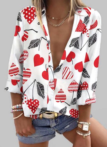 Women's Blouses Color Block Heart-shaped 3/4 Sleeve V Neck Daily Button Blouse