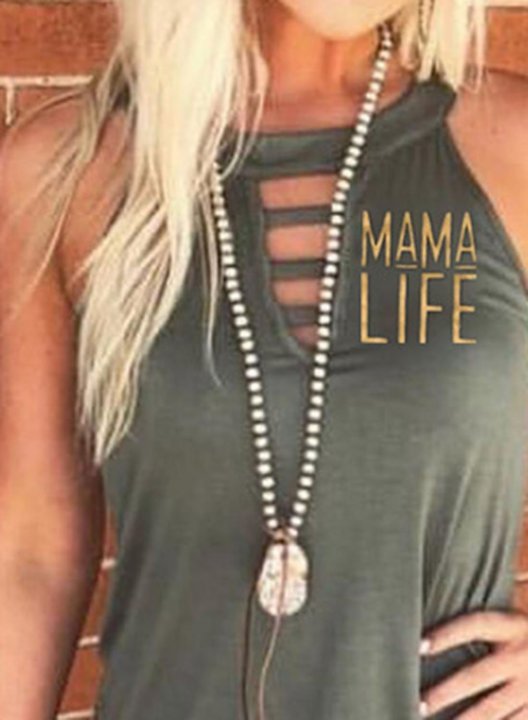 Women's Mama Life Letter Print Tank Tops Sleeveless Round Neck Casual Cut-out T-Shirt Tank