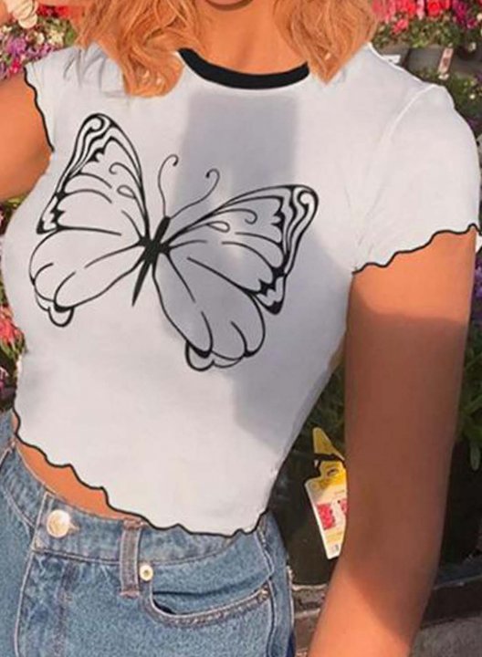 Women's T-shirts Butterfly Print Short Sleeve Round Neck Daily Cropped T-shirt