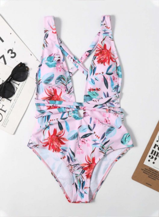 Women's One Piece Swimwear Floral V Neck Knot Vacation One-Piece Swimsuits One-Piece Bathing Suits