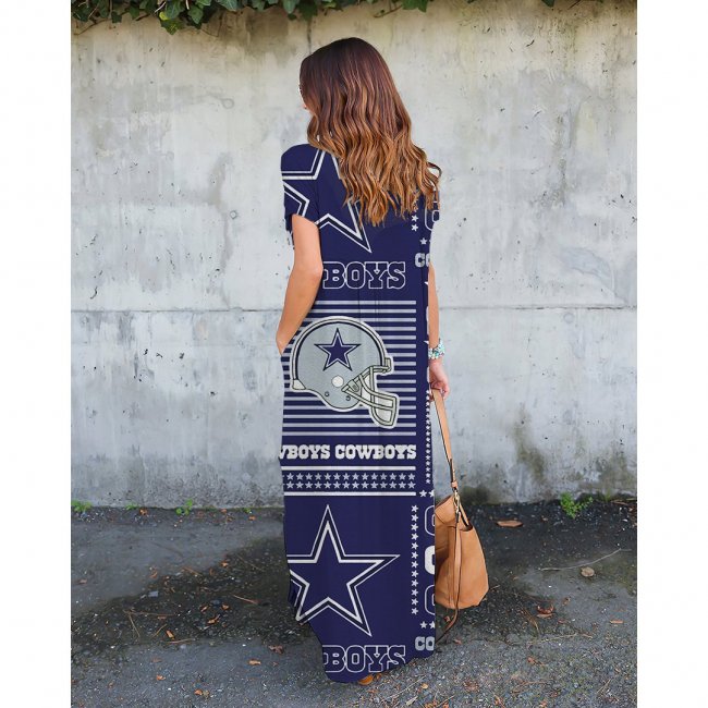 V-neck Cowboys Print Short-Sleeved Loose Long Dress