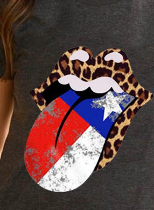 Women's T-shirts Color Block Leopard Flag Lips Print Round Neck Short Sleeve Daily Casual T-shirts