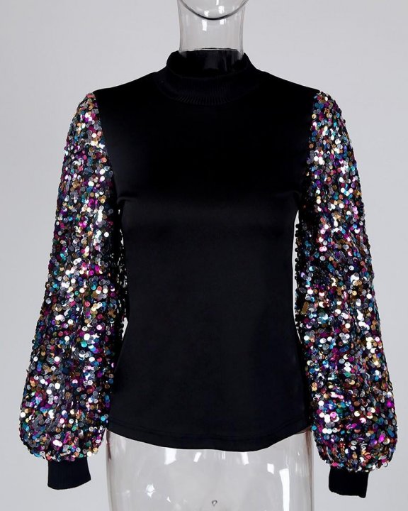 Mock Neck Lantern Sleeve Sequins Colorblock Insert Blouse