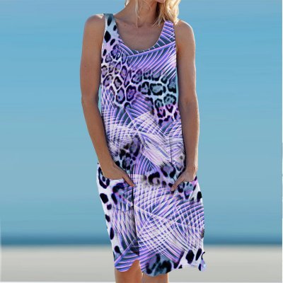 Beach Leopard Print Holiday Casual Round Neck Sleeveless Dress Vest