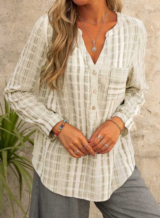 Women's Pullovers Button Pocket Plaid Long Sleeve V Neck Daily Casual Tunic Pullover