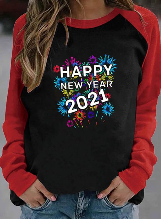 Women's Sweatshirt Happy New Year 2021 Color Block Long Sleeve Round Neck Casual Shirt