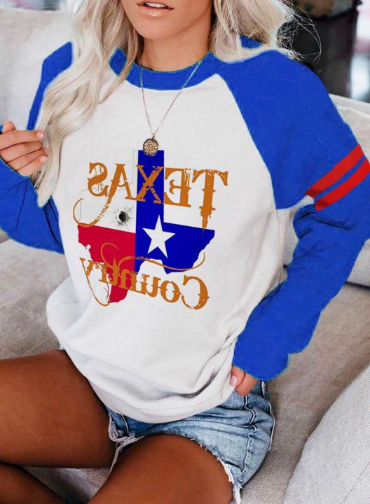 Women's Sweatshirts Letter Color Block Flag Long Sleeve Round Neck Casual Sweatshirt