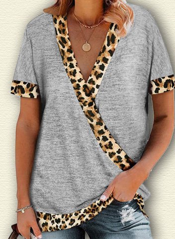 Women's T-shirts Leopard Color Block Print Short Sleeve V Neck Daily T-shirt