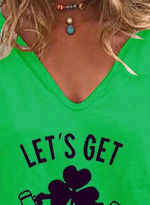 Women's St Patrick's Day GreenT-shirts Clover Let's Get Shamrocked Print Short Sleeve V Neck Daily T-shirt