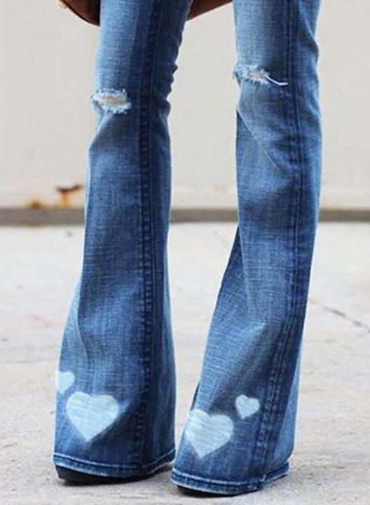 Women's Bell Bottom Jeans Heart Print Straight Mid Waist Flare Jeans