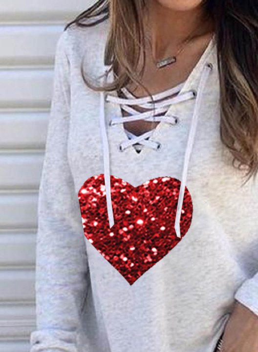 Women's Sequin Heart Sweatshirt Drawstring Long Sleeve V Neck Casual T-Shirt