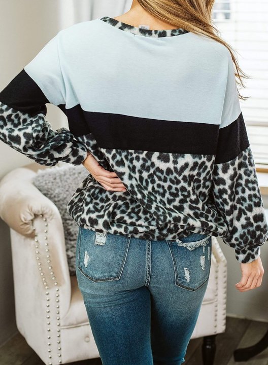 Leopard/Color Block Long Sleeve Round Neck Sweatshirt