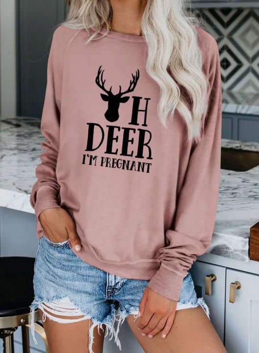 OhDeerImWomens Sweatshirts Letter Animal Print Long Sleeve Round Neck Sweatshirt