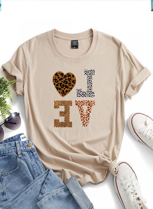 Women's T-shirts Solid Leopard Letter Short Sleeve Round Neck Daily T-shirt