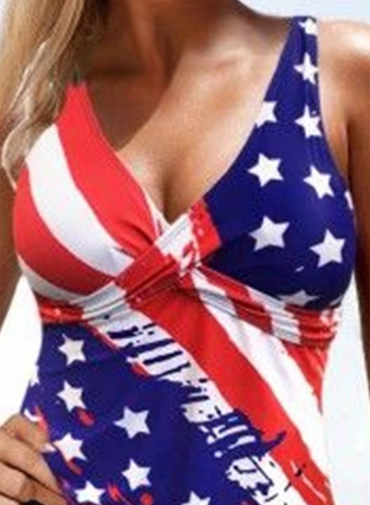 Women's Tankini Set American Flag Padded Criss Cross Mid Waist V Neck Vacation Tankini Set