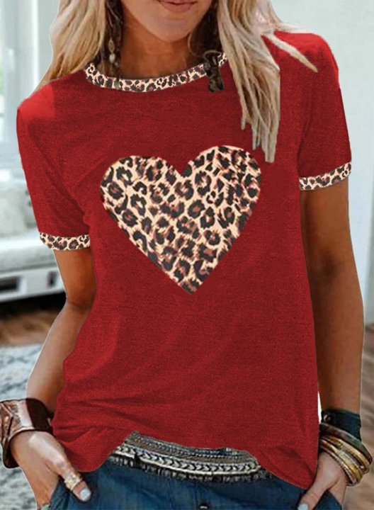 Women's T-shirts Leopard Heart Short Sleeve Round Neck T-shirt