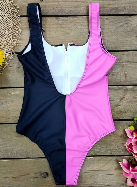 Women's One-Piece Swimsuits One-Piece Bathing Suits Letter Color Block Zip U Neck Swimsuits