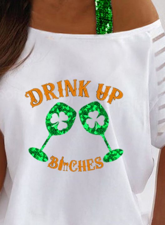 Women's Funny St Patrick's Day Sweatshirts Drink up Bitches T-shirts Sequin Print Short Sleeve Off Shoulder Daily T-shirt