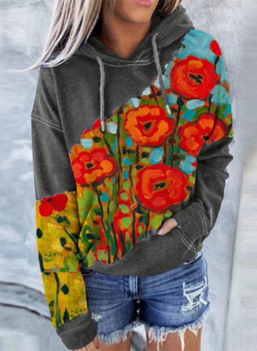 Women's Hoodies Drawstring Multicolor Floral Oil Painting Long Sleeve Pocket Casual Hoodies