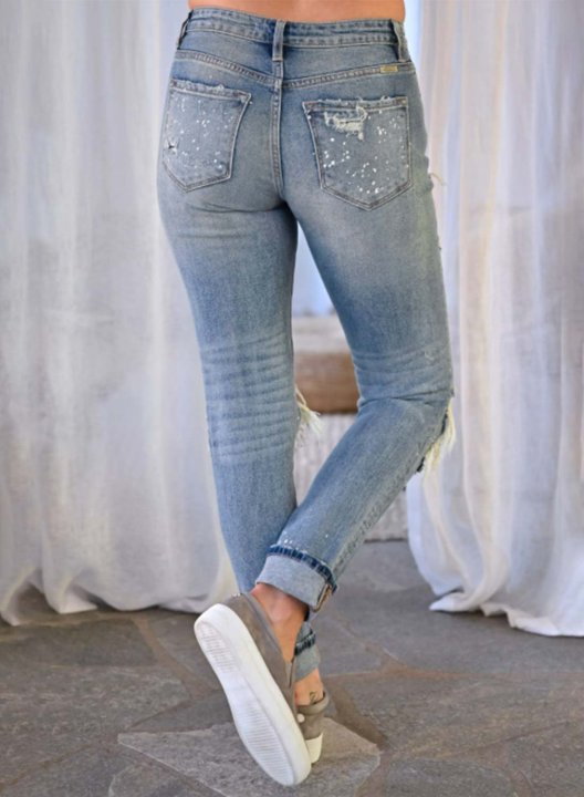 Women's Torn Jeans Slim Solid Cut-out Mid Waist Full Length Casual Daily Torn Jeans