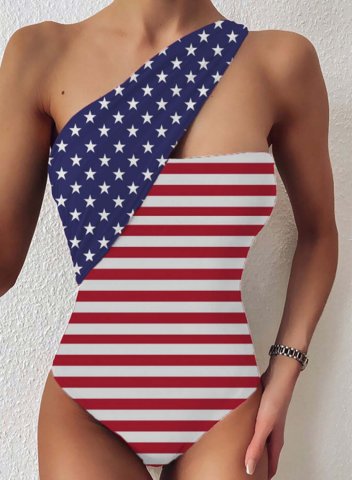 Women's One Piece Swimwear Color Block American Flag 4th Of July One-shoulder One-Piece Swimsuit