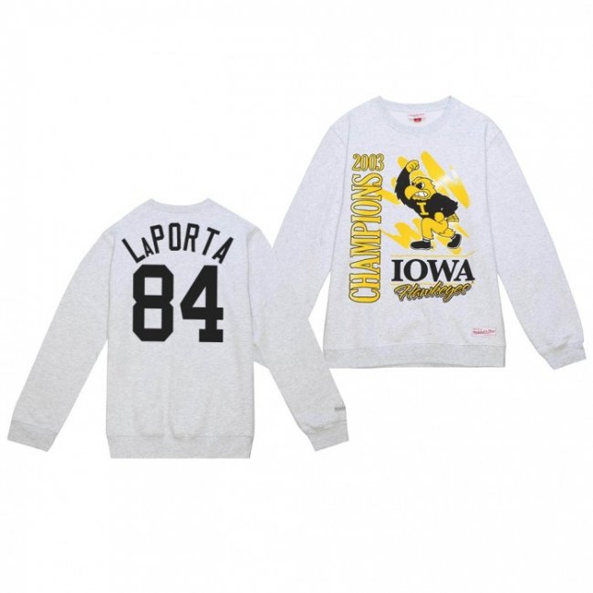 Sam LaPorta Iowa Hawkeyes Sweatshirt #84 Retro Brush Crew White 2003 Champs