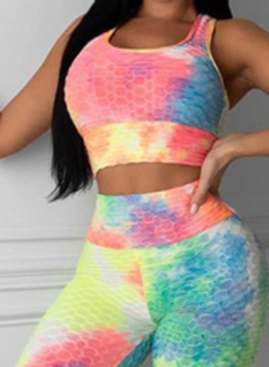 Women's Tie Dye Yoga Suits Printing Sleeveless Short Vest Casual Sport Pants Suit