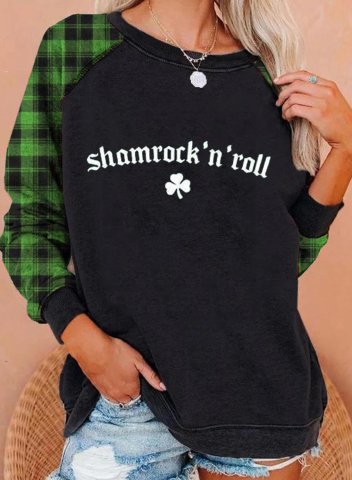Women's St.Patrick's Day Sweatshirts Plaid Letter Print Long Sleeve Round Neck Casual Sweatshirt