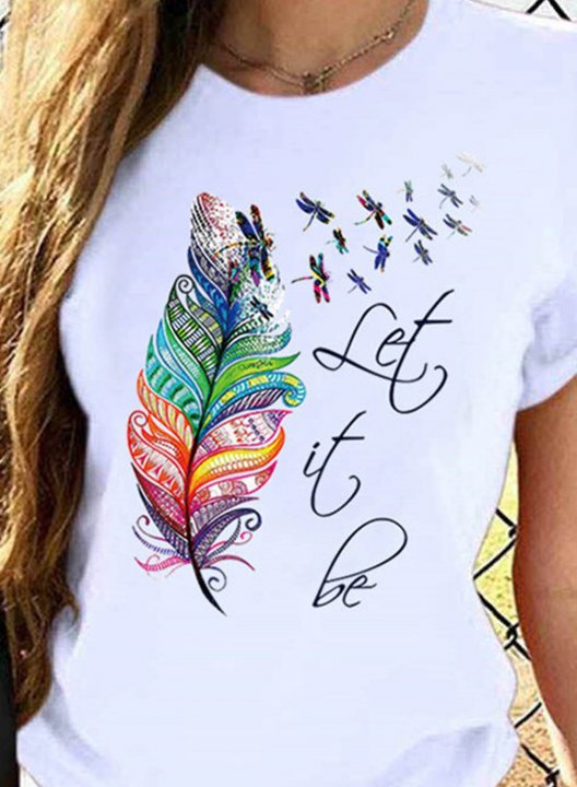 Women's T-shirts Dragonfly Feathers Let It Be Print Color Block Short Sleeve Round Neck Daily T-shirt