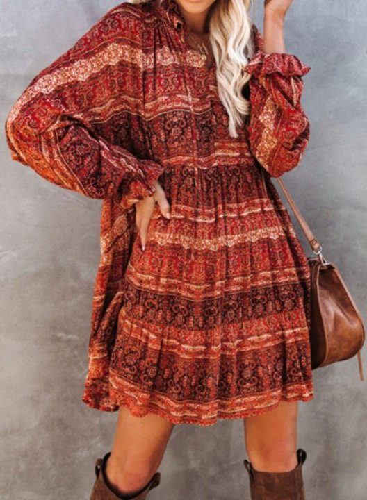 Women's Mini Dress Floral Tribal Fit & Flare V Neck Long Sleeve Daily Boho Mini Dress