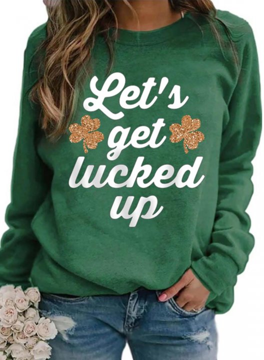 Women's Sweatshirts Shamrock Letter Print Long Sleeve Round Neck Casual Sweatshirt