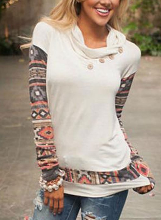 Color Block Long Sleeve Tribal Button Sweatshirt