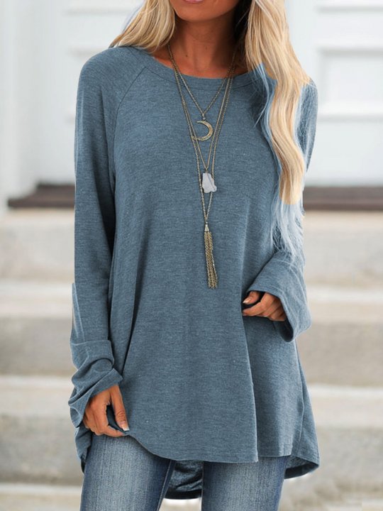 Gray Cotton Casual Crew Neck Solid Shirts & Tops