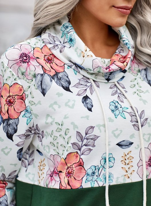 Color Block Long Sleeve High Neck Floral Sweatshirt