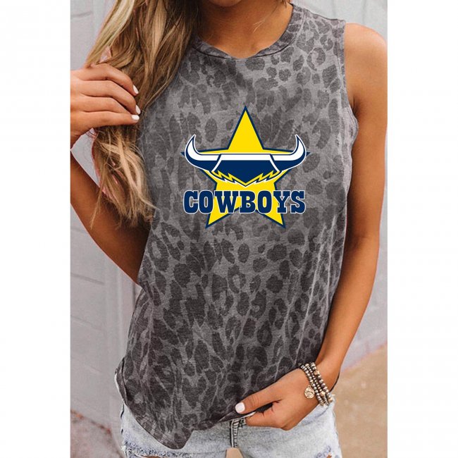 Round Neck Sleeveless Leopard Print Jean T-Shirt