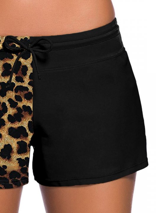 Women's Swim Shorts Leopard Mid Waist Knot Swim Shorts