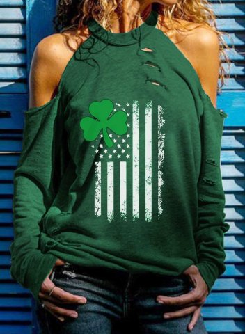 Women's Sweatshirt Solid Shamrock American Flag Print Long Sleeve High Neck Cut-out Daily T-shirt