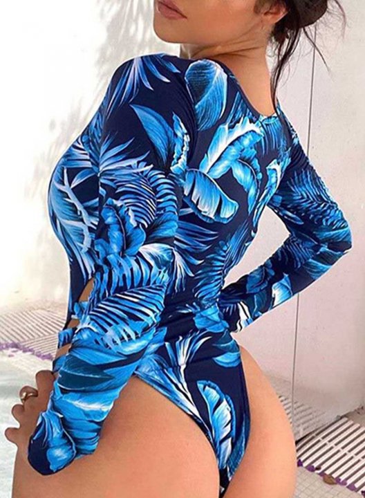 Women's One Piece Swimwear Fruits & Plants Round Neck Long Sleeve Zip One-Piece Swimsuits One-Piece Bathing Suits