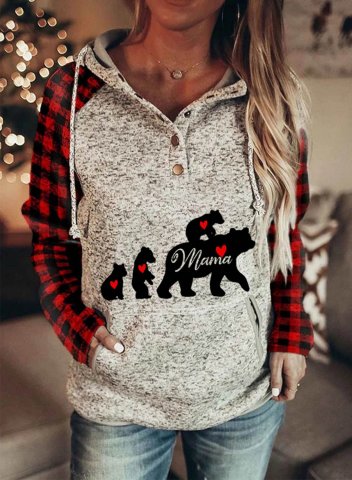 Women's Hoodies MAMA Bear Printed Plaid Pocketed Sweatshirt