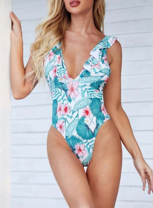 Women's One Piece Swimwear Floral V Neck Ruffle Vacation One-Piece Swimsuits One-Piece Bathing Suits