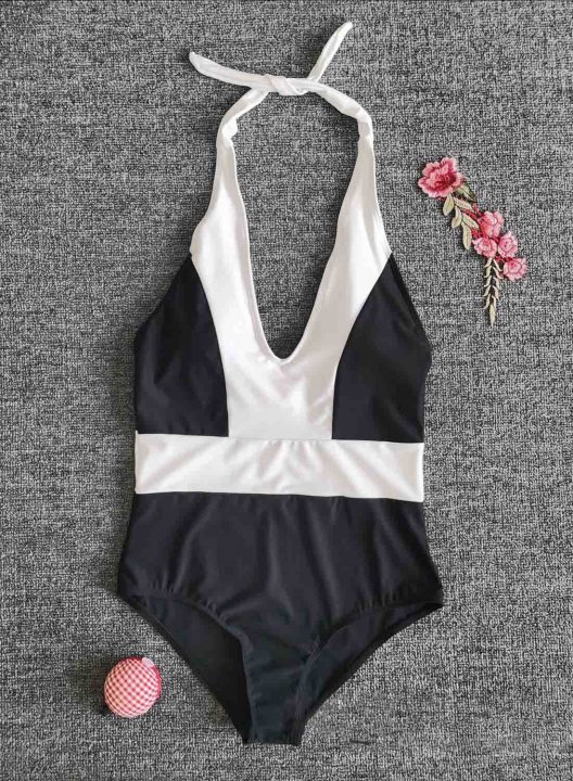 Women's One-Piece Swimsuits One-Piece Bathing Suits Color Block Halter Casual One-Piece Swimsuit