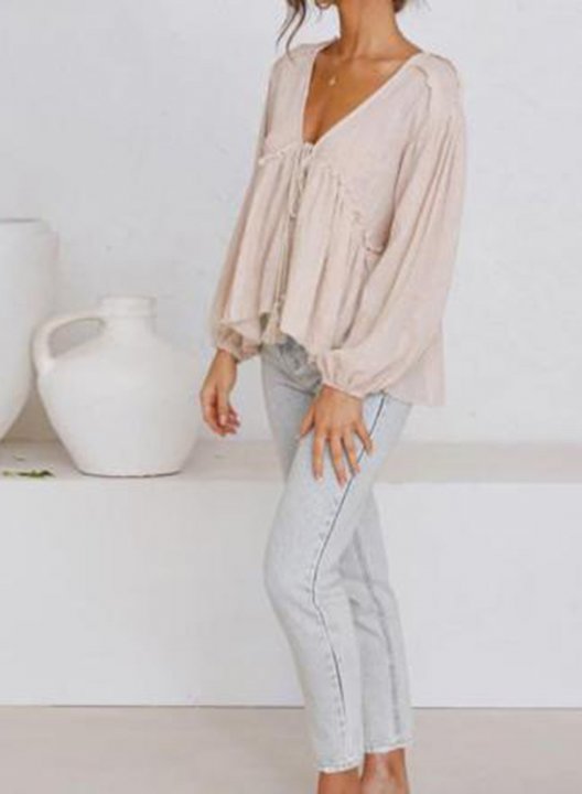 Women's Blouses Solid Long Sleeve V Neck Ruffle Daily Vacation Blouse