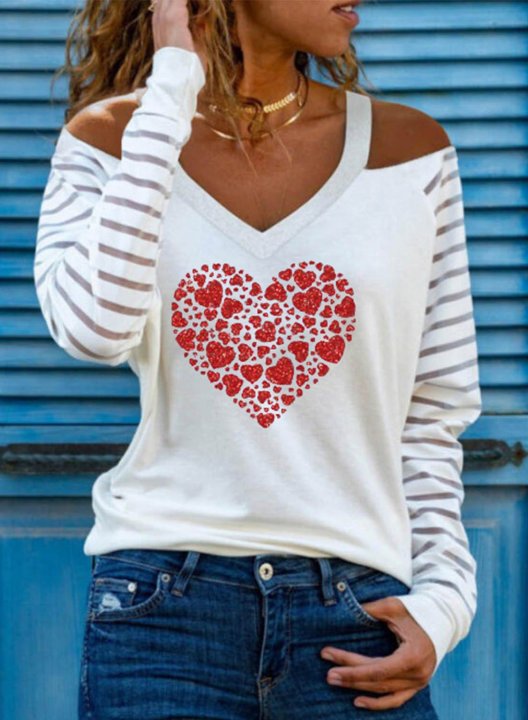 Women's Sweatshirt Off Shoulder Heart Color Block V Neck Long Sleeve Casual Pullovers